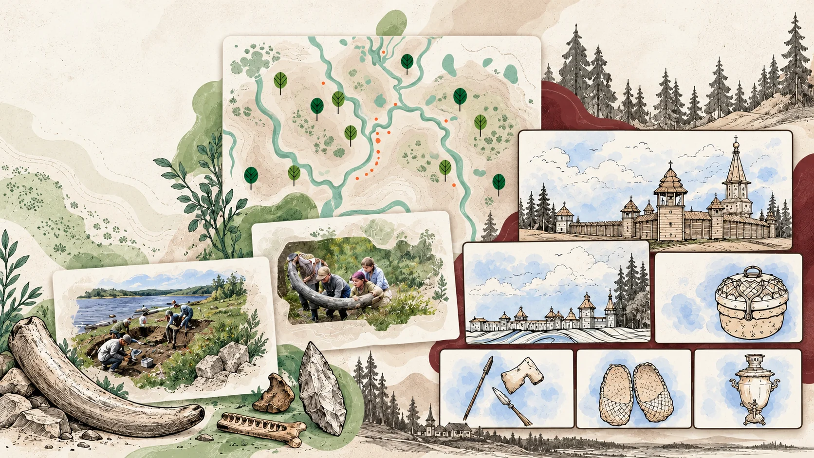 Авторские музейные иллюстрации, карта, археологические находки и история территории
