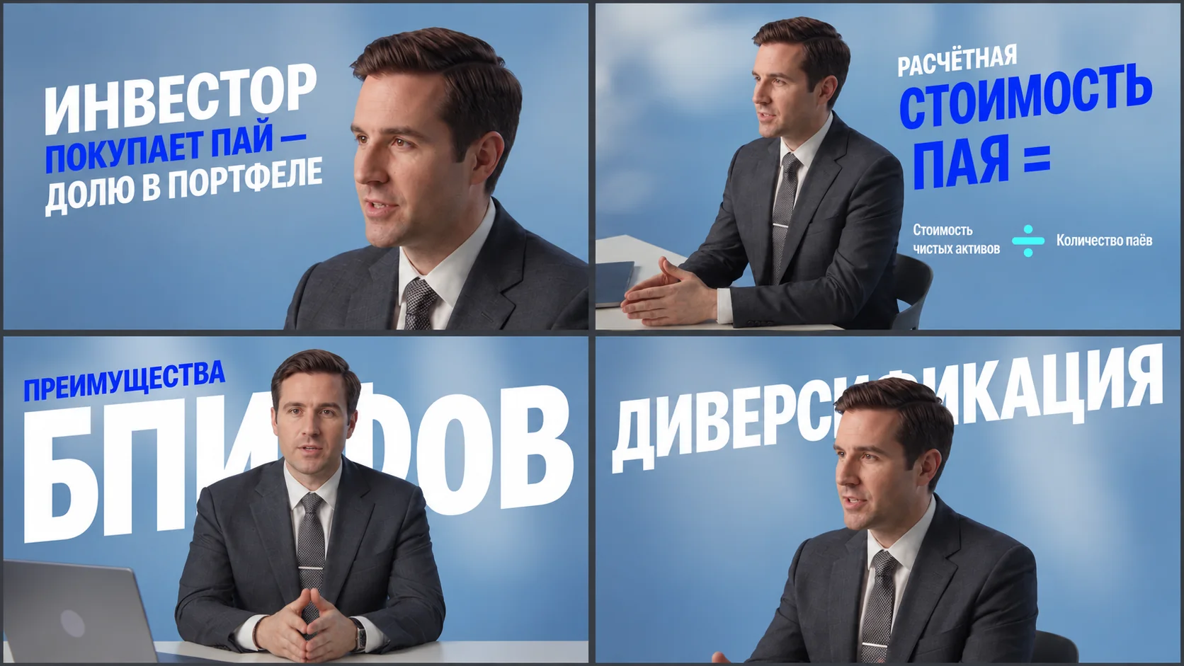 Четыре кадра образовательного проекта Инвестиции ПРО с разными способами объяснения инвестиционных терминов